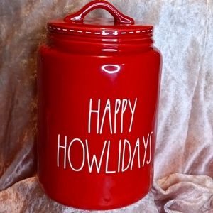 LN RAE DUNN 'HAPPY HOWLIDAYS' LARGE CERAMIC CANISTER RED